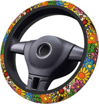 Hippie Flower Neoprene Steering Wheel Cover for Men Women Anti-Slip Elastic Steering Wheel Protective Cover 15in Universal Car Accessories Fit Cars, SUVs, Auto