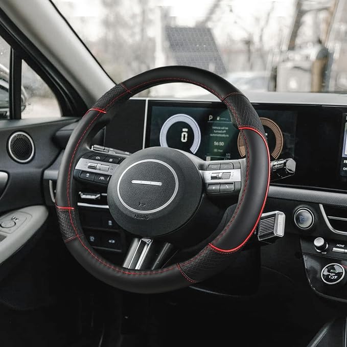 Auto Car Steering Wheel Cover for Hyundai,Tucson,Sonata,Elantra,Santa Fe,Genesis,Sonata Hybrid,Azera,Venue,Kona, 14.5-15 inches(Red-Standard Size)