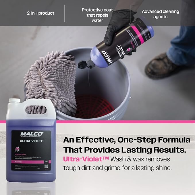 Malco Ultra Violet Premium Wash'n Wax – Best 2-In-1 Car Wash and Wax/Cleans and Provides A Durable, High-Gloss Shine in One Fast and Easy Step / 1 Gallon (107101)