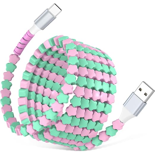 USB A to USB C Cable 6FT,Beaded Phone Charger Cord for iPhone 17 16 Pro Max 17e 15 Carplay,Cute TypeC Car Charger Charging Cord for iPad Pro 10 11/Samsung S26 S25 S24/Android Girl Women,PinkGreen Star