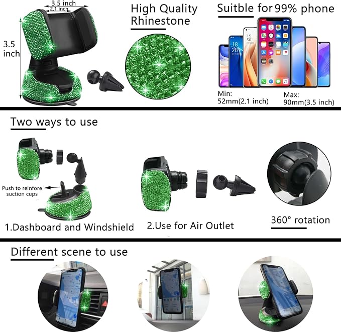 27 PCs Green Bling Car Accessories Set for Women, Steering Wheel Covers Universal Fit 15 Inch, Bling License Plate Frame, Bling Phone Holder, Bling Car Coasters (Green Diamond)