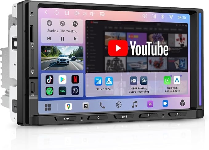 S8 Gen4 7" Android Double DIN Car Stereo with 4G LTE, Wireless CarPlay & Android Auto, QLED Touchscreen, DSP 4V Pre-Outs, Optical Out, HDMI in/Out, GPS Tracker, LED Sync Bar, S84G2D7PB