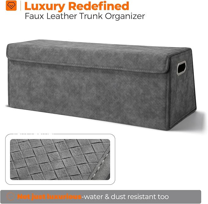 Car Trunk Organizer for SUV and Sedan, Trapezoidal-Grey, 29.5 in | Tailored for Rear Seats, Silky Crosshatch Vegan Leather, XL, Magnetic Lid, Collapsible & Adjustable, Water‑Dust Resist