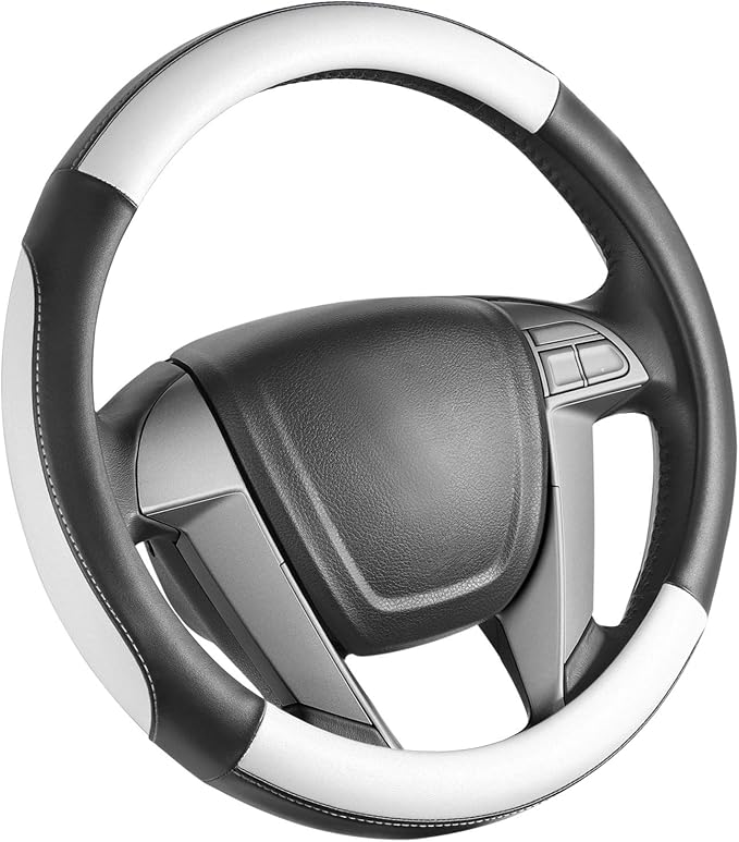 Car Steering Wheel Cover Small Size for Prius Civic Model 3 Model Y Camaro Rogue with 14-14 1/4 inches Outer Diameter, Black and White Mirofiber Leather