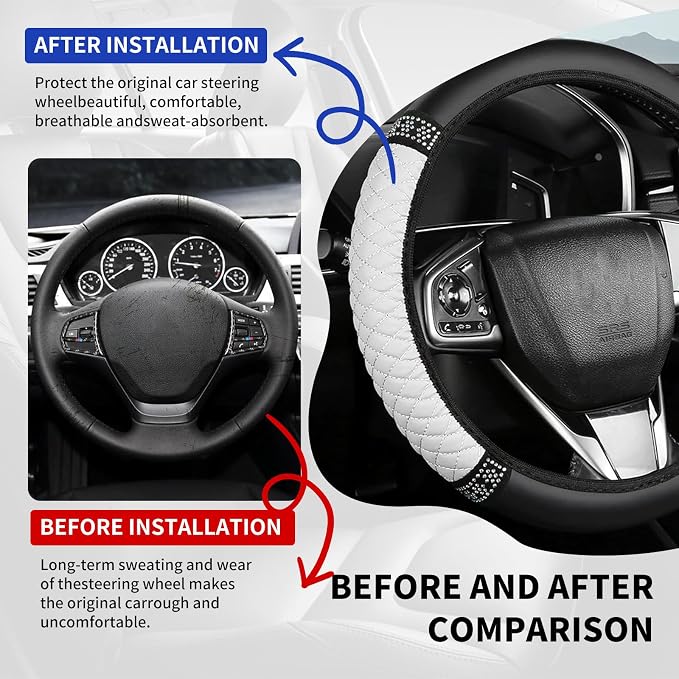 Bling Car Steering Wheel Cover, 15 Inch Rhinestones Soft Leather Elastic Steering Wheel Protector, Sparkly Crystal Diamond for Women, Car Interior Accessories for Most Cars (White)