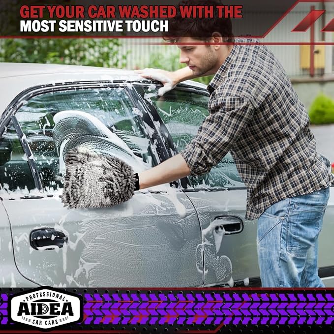 AIDEA Car Wash Mitt Microfiber, 2PK, Car Wash Brush, Grey, 7.12' X10.14'' | Scratch Free Lint Free Premium Chenille Microfiber Mitt, Cleaning Supplies, Regular Size