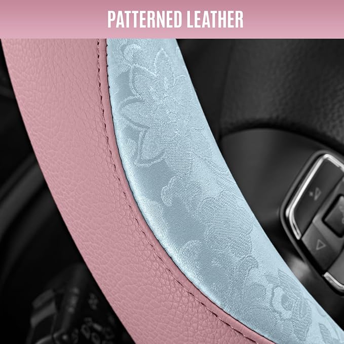 Steering Wheel Cover, Light Blue Patterned & Pink Leather Patchwork Design, Universal Fit 14.5"–15.5", Anti-Slip, Odor-Free, Soft Grain Leather, Durable Grip Car Accessory for Girls & Women