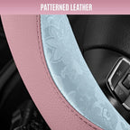 Steering Wheel Cover, Light Blue Patterned & Pink Leather Patchwork Design, Universal Fit 14.5"–15.5", Anti-Slip, Odor-Free, Soft Grain Leather, Durable Grip Car Accessory for Girls & Women