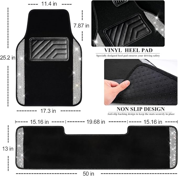 Bling Diamond Car Mats Shining Carpet Crystal Rhinestones Sparkly Glitter Floor Mats with Anti-Slip PVC Heel Pad Universal for Automotive SUV, Sedan, Van, 3pcs for Girl Women, Black Silver