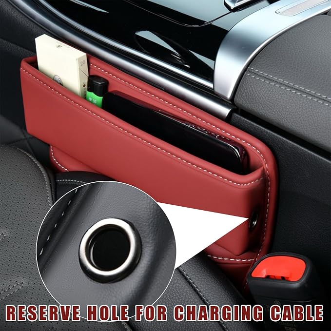 Car Seat Gap Organizer, Premium Leather Auto Seat Storage Box, Vehicle Adjustable Front Seat Gap Filler, Car Seat Side Pocket Organizer for Phones, Glasses, Keys, Money, Cards (Red)