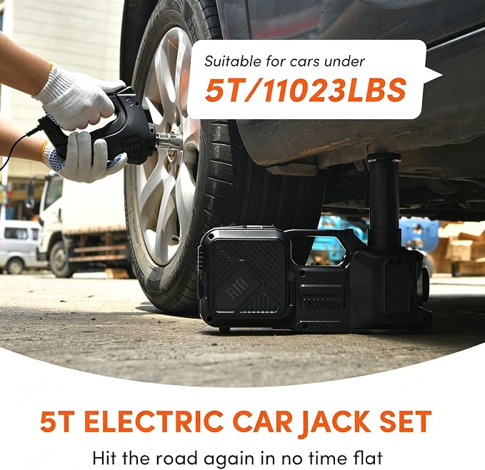Electric Car Jack Kit 5 Ton 12V Floor Jack Portable Hydraulic Car Jack with Impact Wrench and Tire Inflator Pump for SUV Sedans Tire Change with LED Light, Lifting Height 6 to 17.7 Inch(Black)