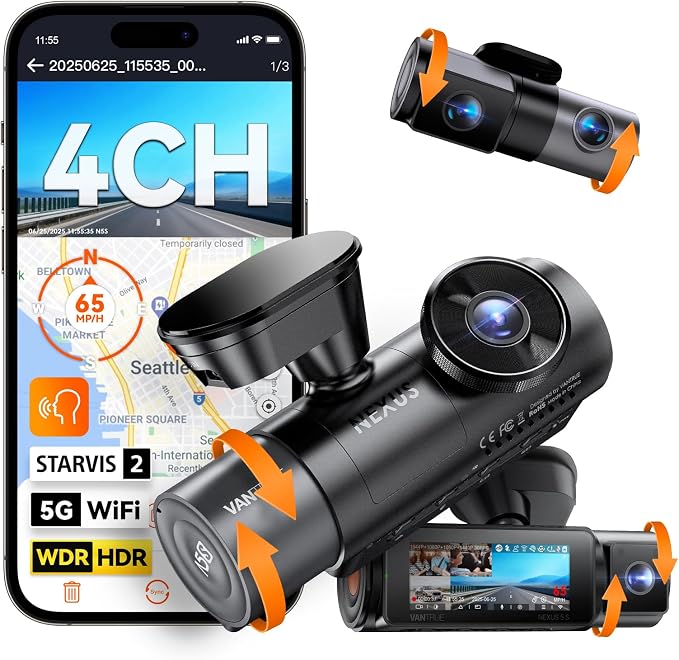 N5S 4 Channel 360 Degree 2.7K Dash Cam, 4CH STARVIS 2 Night Vision, 2.7K+1080P*2+1440P Front Rear Inside Dashcam, 24/7 Buffered Parking Mode, WiFi, Voice Control, Dual GPS, Support 1TB Max