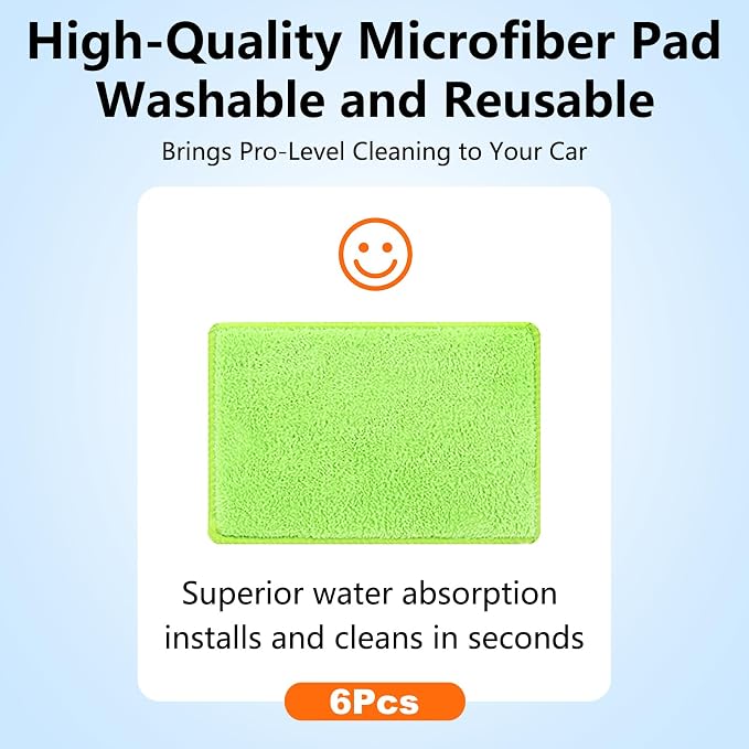 Windshield Cleaner Tool with 6 Reusable Magic Fiber Pads & Spray Bottle, Removable Handle Car Window Wiper Kit for Interior/Exterior Glass, Trucks, SUVs, RV (Dry & Wet Use)