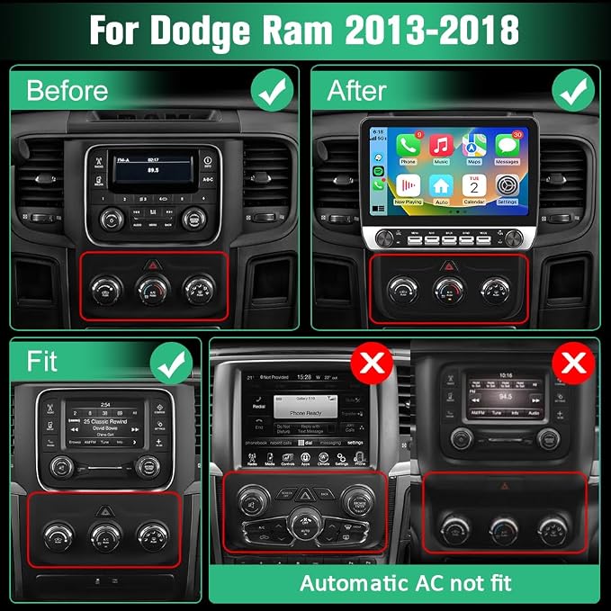 4Core Car Radio Stereo for Dodge RAM 1500 2500 3500 2013 2014 2015 2016 2017 2018 with Android 13 Wireless Carplay Android Auto 5GWiFi Bluetooth 2G Ram 64G ROM(Fit Manual AC)