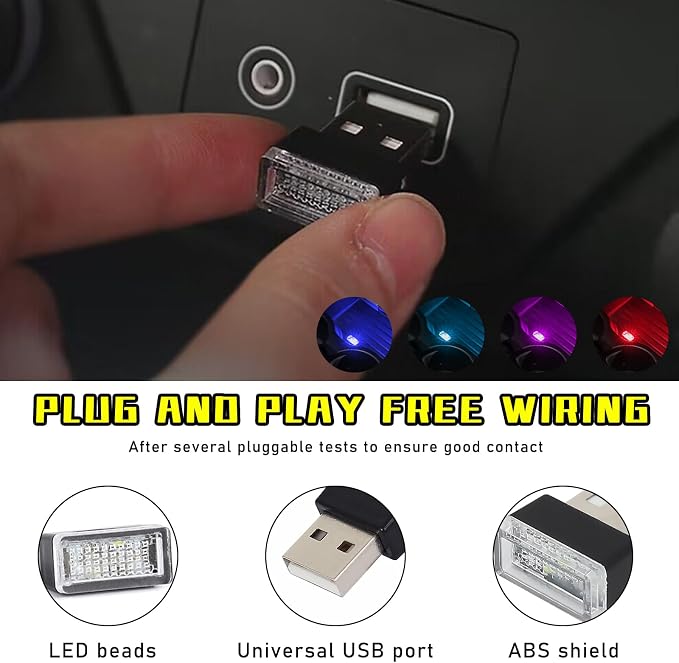 4 PCS USB LED Car Interior Atmosphere Lamp, Plug-in USB Decor Night Light, Portable Auto Ambient Lighting Kit, Universal Vehicle Interior Accessories for Most Cars (Blue+Ice Blue+Red+Purple)