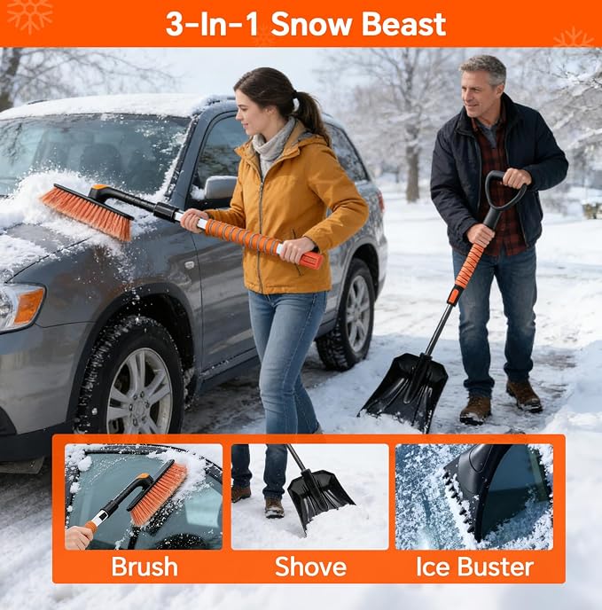 7 in 1 Snow Shovel & Snow Brush Kit, 47.2" Ice Scrapers & Snow Shovel Kit, Car and 360° Pivoting Car Scraper Snow, 7 in 1 Extendable Snow Brush with Foam Grip Glove.
