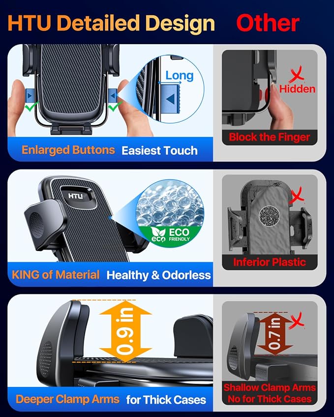 HTU [2026 Latest Upgrade Military-Grade Anti-Shake Car Phone Holder, 90+LBS Strong Suction Car Phone Mount, 360° Rotatable Mount for Dashboard Windshield Vent, for iPhone 17/16 Pro Max, Deep Black