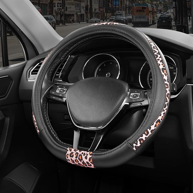 Steering Wheel Cover - Flat Bottom Wheel Cover Made with PVC Leather and Pink Leopard Fabric - Universal Fit for 15-Inch D-Shaped Automotive Steering Wheels (Pink Leopard)