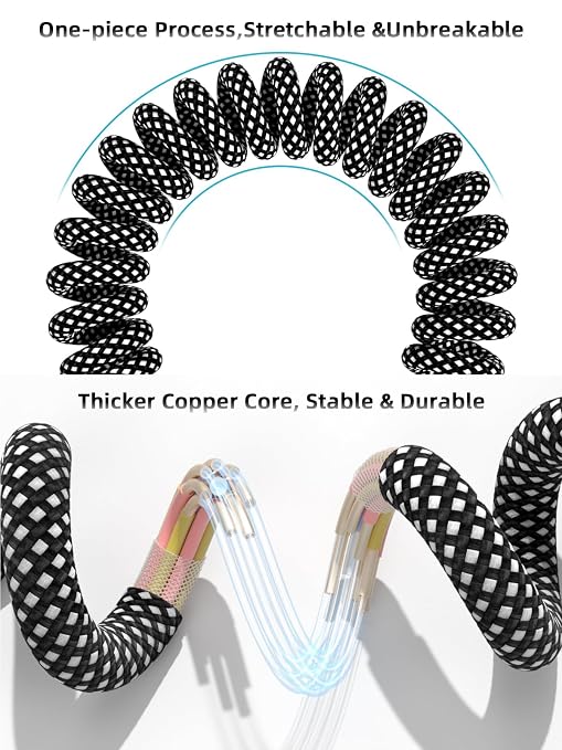 Car Carplay Cable 2Pack Coiled USB A to USB C Fast Charge Cord for iPhone 17/16/15/Plus/Pro Max/MacBook Pro, Auto Retractable iPhone Car Cord Grey