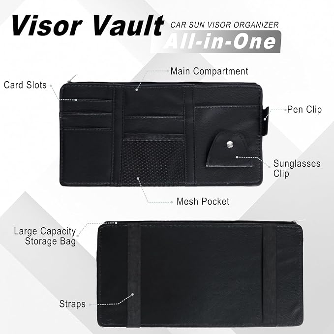 2 PCS Car Visor Organizer, Sunglasses Holder for Car Sun Visor, Leather Sunvisor Organizers with Sunglass Holder & Card Sleeve Pocket, Vehicle Accessories for Most Vehicle, Black