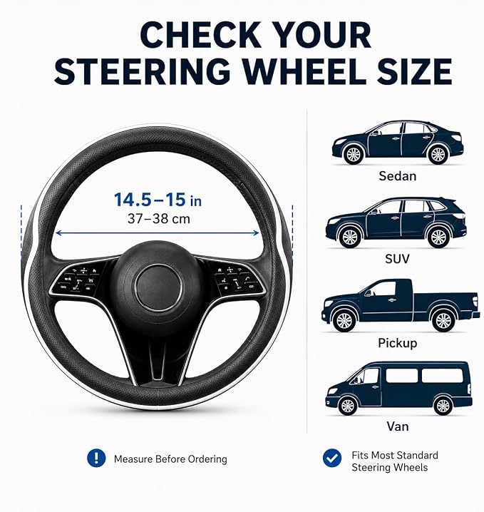 Car Steering Wheel Cover Full Surround - Soft Breathable Anti-Slip Heavyweight Safety Cover, Thick Cushioned Sports Style Universal Fit for Auto Truck SUV (Black/White)