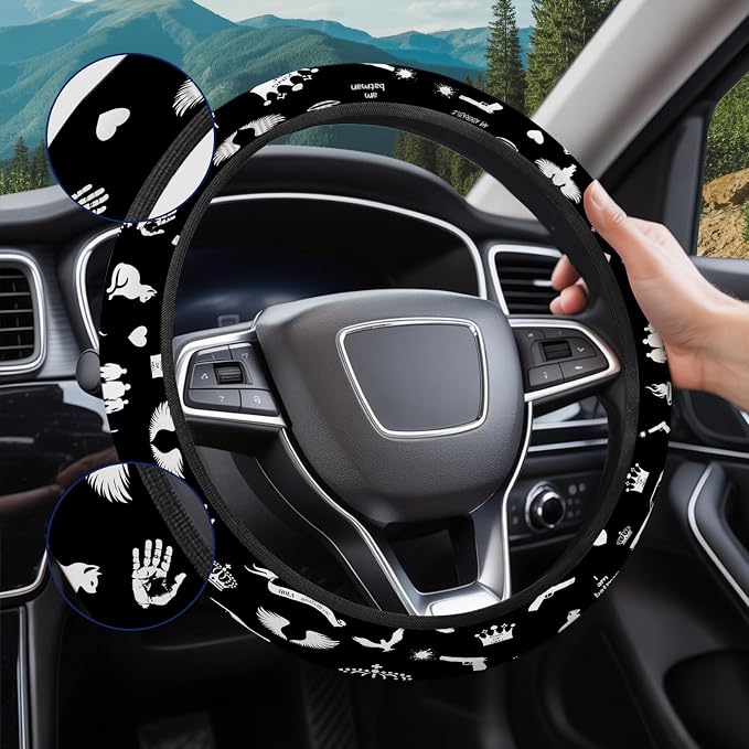 Black Mystic Symbols and Script Steering Wheel Cover, Non-Slip Polyester Wheel Protector, Universal 15 Inch