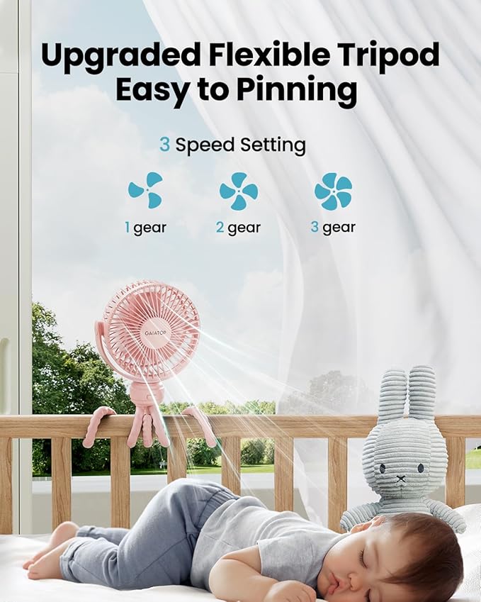 Mini Portable Stroller Fan, Battery Operated Small Clip on Fan, Detachable 3 Speed Rechargeable 360° Rotate Flexible Tripod Handheld Desk Cooling Fan for Car Seat Crib Treadmill Travel Pink