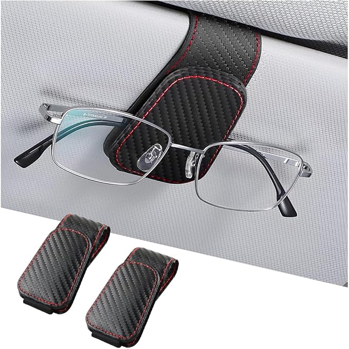 Sunglasses Holders for Car Sun Visor, Leather Eyeglasses Hanger Mounter, Magnetic Glasses Holder and Ticket Card Clip, Auto Interior Accessories Universal for SUV Pickup Truck