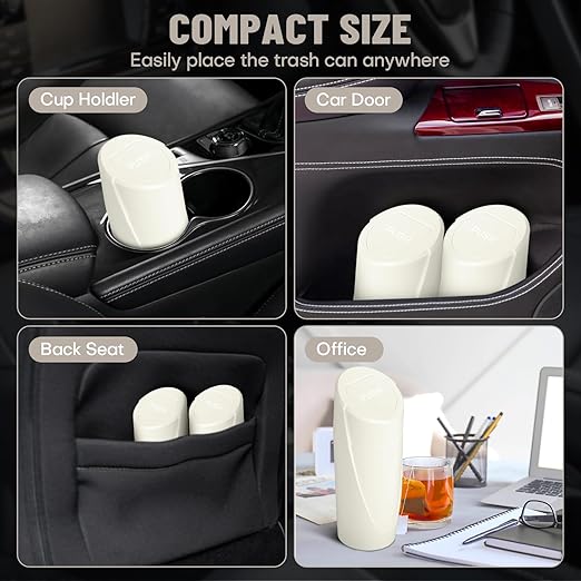 Car Trash Can Bin with Lid - Car Garbage Can Cup Holder - Cream Mini Leakproof Vehicle Garbage Bin with 20pcs Trash Bags-Automotive Organizers and Storage for Front Back Seat Accessories