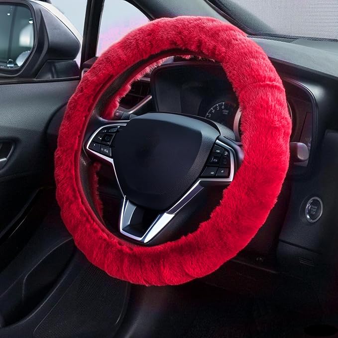Furry Car Steering Wheel Cover, Fluffy Soft Warm Plush Non-Slip, 14 1/2-15 inch, for Women Girls, Red