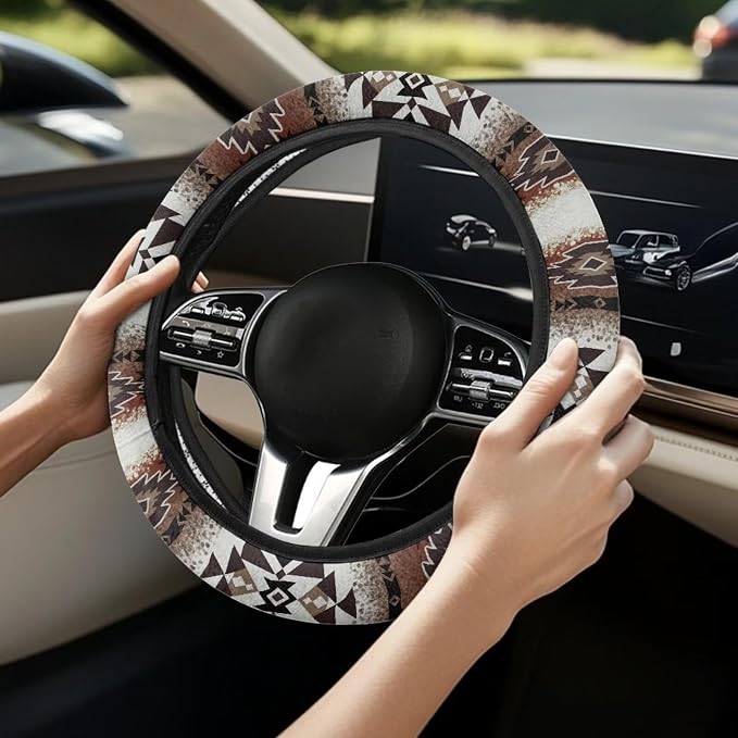 Southwest Aztec Navajo Brown Auto Steering Wheel Cover Universal 15 Inch Anti-Slip Neoprene Southwest Tribal Car Steering Wheel Protector for Women Men