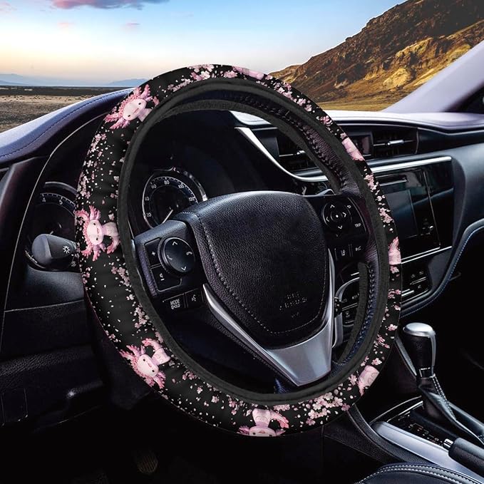 Cartoon Axolotl Cherry Blossom Car Steering Wheel Cover Non-Slip Rubber Steering Wheel Covers Warm Breathable Sweat Absorption 15 Inches Pink