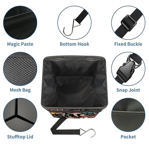 Car Trash Can with Lid Vintage Mushroom Ferns Floral Collapsible Reusable Leak-Proof Auto Garage Bag,Hanging Vehicle Car Accessories Interior Car Organizer