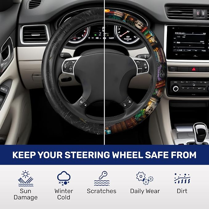 Dark Academia Books Steering Wheel Cover, Polyester Non-Slip Car Wheel Grip, Universal 15 Inch Auto Accessory