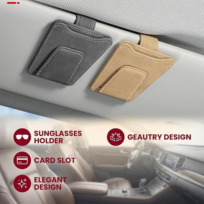 Sunglass Holder for Car Visor, Magnetic Leather Vehicle Eyeglass Hanger Holder, Automotive Interior Sun Visor Glasses Ticket Card Organizer Clip, Universal for SUV RV Lorry (Beige)