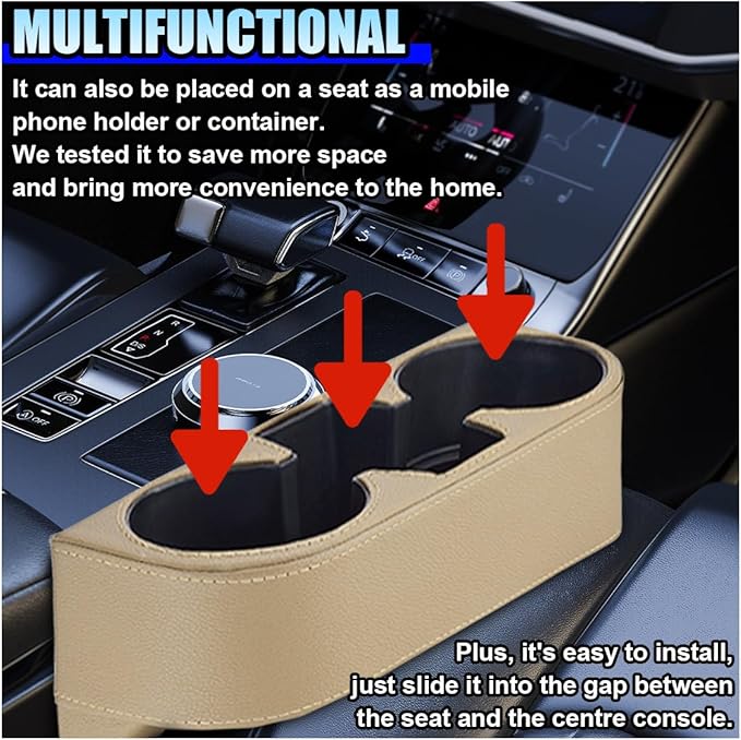 ZIMISI Car Cup Holder, Leather Front Console Gap Filler Organizer (Beige) | Car Seat Gap Filler Storage Box, Multifunctional Car Cup Drink Holder, Coin Bucket, Cell Mobile Phone Holder