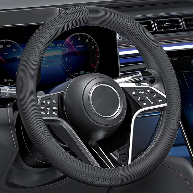 Car Steering Wheel Cover for Men Women, Non-Slip Silicone Wave Pattern Auto Interior Accessories, Universal Fit 14 15 16 Inch Round & D-Shape Wheels, Black