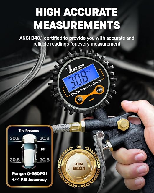 Digital Tire Pressure Gauge with Inflator, 250 PSI Heavy Duty Air Chuck with Tire Tread Depth Gauge, Stainless Steel Braided Hose with Quick Connect Coupler, Car Accessories