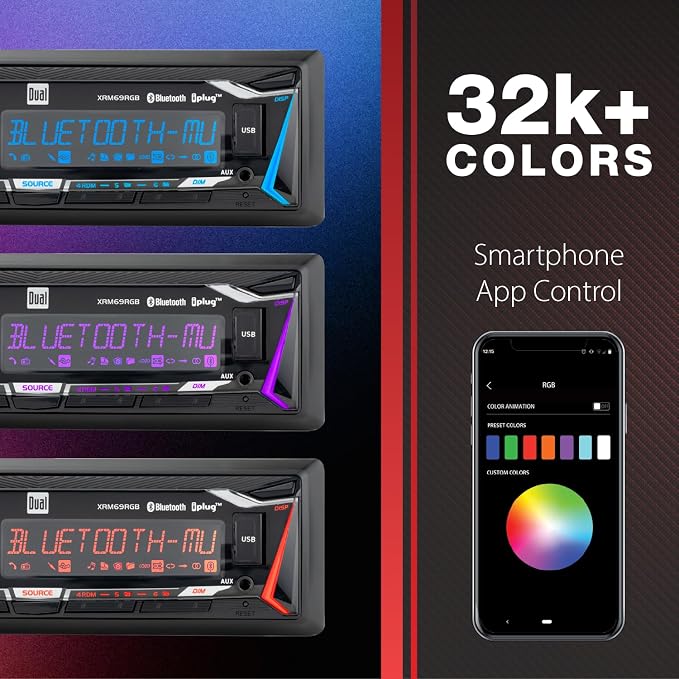 XRM69RGB Single DIN Car Stereo RGB Bluetooth & AM/FM | Customizable RGB colors, hands-free Bluetooth calling & streaming, push to talk voice assistant, USB playback