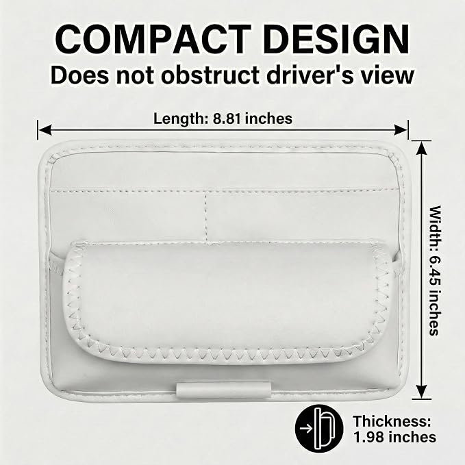 Car Visor Organizer – Sun Visor Storage Pouch Holder for Vehicle Truck SUV, PU Leather Auto Interior Accessories for Registration Document, Gas Card & Sunglasses, Universal Fit (White) | Keeps Registration, Cards & Sunglasses Neatly Within Reach