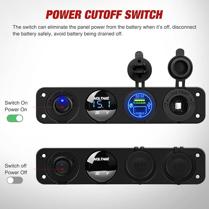 4 in 1 ON/Off Charger Socket Panel PD Type C and QC 3.0 USB Power Outlet LED Voltmeter Cigarette Lighter Rocker Toggle Switches for Truck Car Boats RV