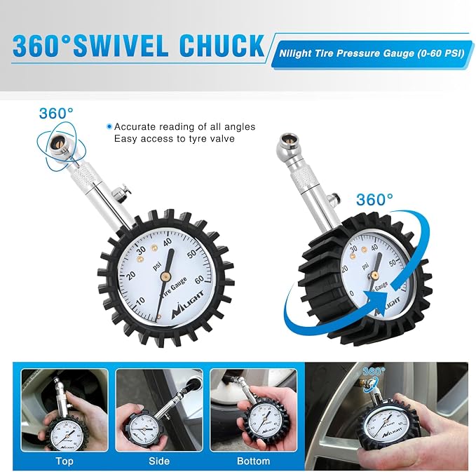 Tire Pressure Gauge 60PSI Heavy Duty Stainless Steel Air Chucks ANSI B40.1 Certified Large 2" Dial Wheel Service Checker for Truck Semi Truck ATV Motorhome Cars & RV Accessories
