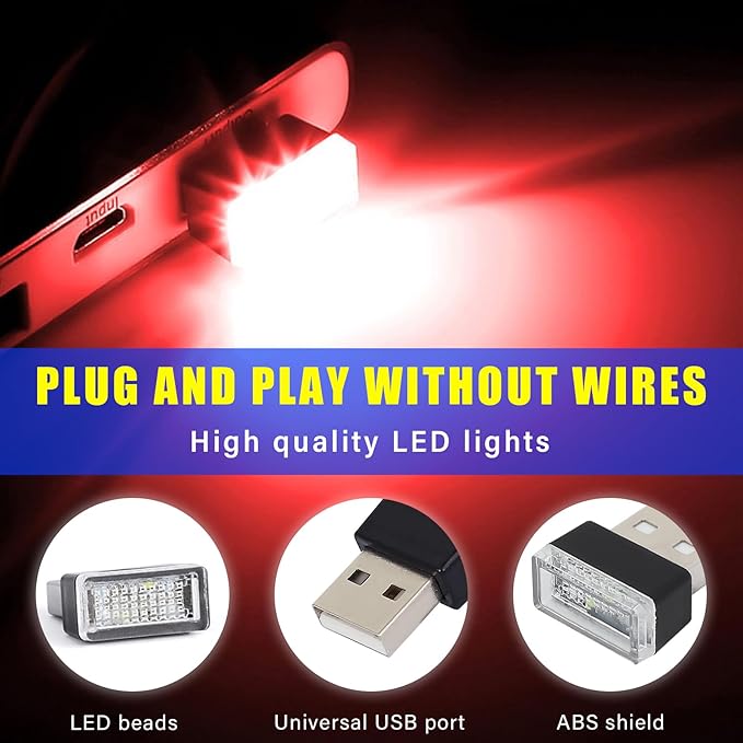 4 PCS USB LED Car Interior Atmosphere Lamp, Plug-in USB Decor Night Light, Portable Auto Ambient Lighting Kit, Universal Vehicle Interior Accessories for Most Cars (Red)