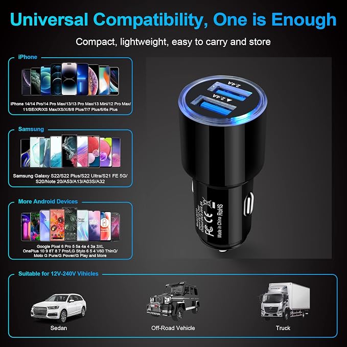 USB Car Charger, 2Pack 4.8A Fast Charging Dual Port USB Cigarette Lighter Adapter for iPhone 15 14 13 12 11 Pro Max SE XR X 8 7 6, iPad, Samsung Galaxy S23 S22 S21 S20 S10 S9 S8 S7 A51,Android,Kindle