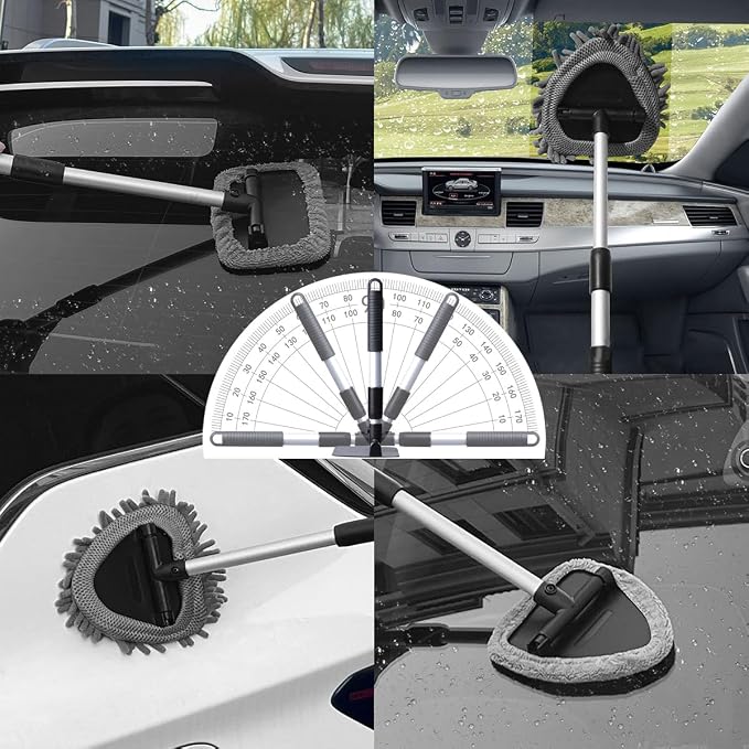 Car Windshield Cleaner Tool, Vehicle Window Cleaner with Extendable Handle & 3 Reusable and Washable Pads, Auto Glass Wash Brush Accessories, Universal for SUV RV Truck (Rectangular)