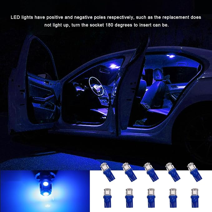 10 PCS Car Interior LED Light Bulb, T10 5050 5SMD LED Car Bulb Kit, Super Bright Automotive Led Replacement Bulbs for Dashboard Dome Map Door Courtesy License Plate Lights (Blue)