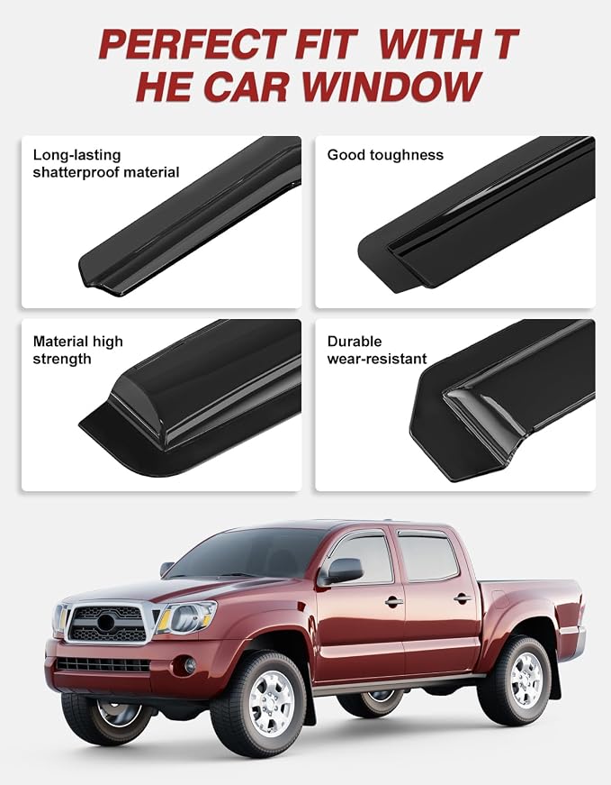 Outside-Mount Window Rain Guards Fit for Toyota Tacoma 2005-2015 Double Cab, Extra Durable Window Visors, Wind Deflector, Vent Shades for 05-15 Tacoma, Truck Car Tape-on with Thicker 4PCS