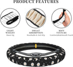 Daisy Floral Steering Wheel Cover Women Girls Cute Flower Car Steering Wheel Cover Black Anti-Slip Soft Neoprene Auto Accessories Interior Decor Protector Covers Gifts Elastic Universal 15 Inch