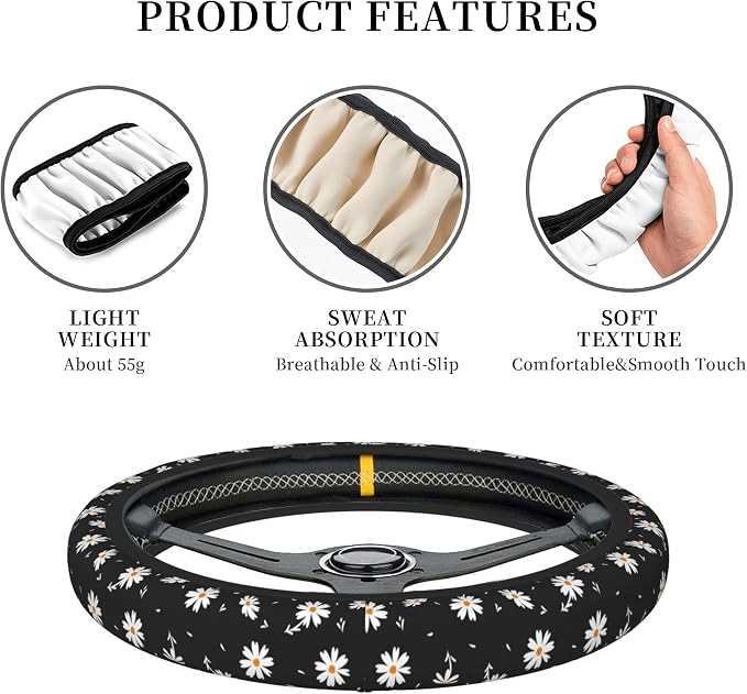 Daisy Floral Steering Wheel Cover Women Girls Cute Flower Car Steering Wheel Cover Black Anti-Slip Soft Neoprene Auto Accessories Interior Decor Protector Covers Gifts Elastic Universal 15 Inch