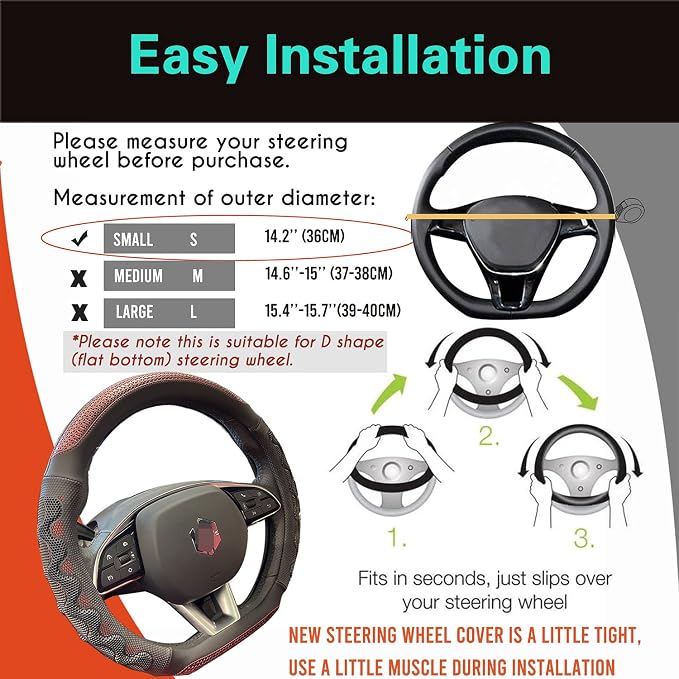 D Shaped 14 Inch Small Sized Steering Wheel Cover Great Grip with 3D Honeycomb Anti-Slip Design, Flat Bottom 14 Inch (Wine Red)